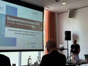 Presentación en la conferencia Biopesticides Europe 2026 en Ámsterdam.
