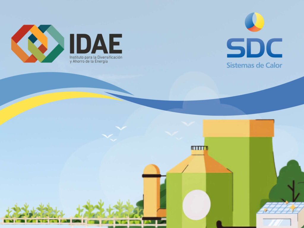Logo del IDAE y SDC con fondo de instalaciones frigoríficas