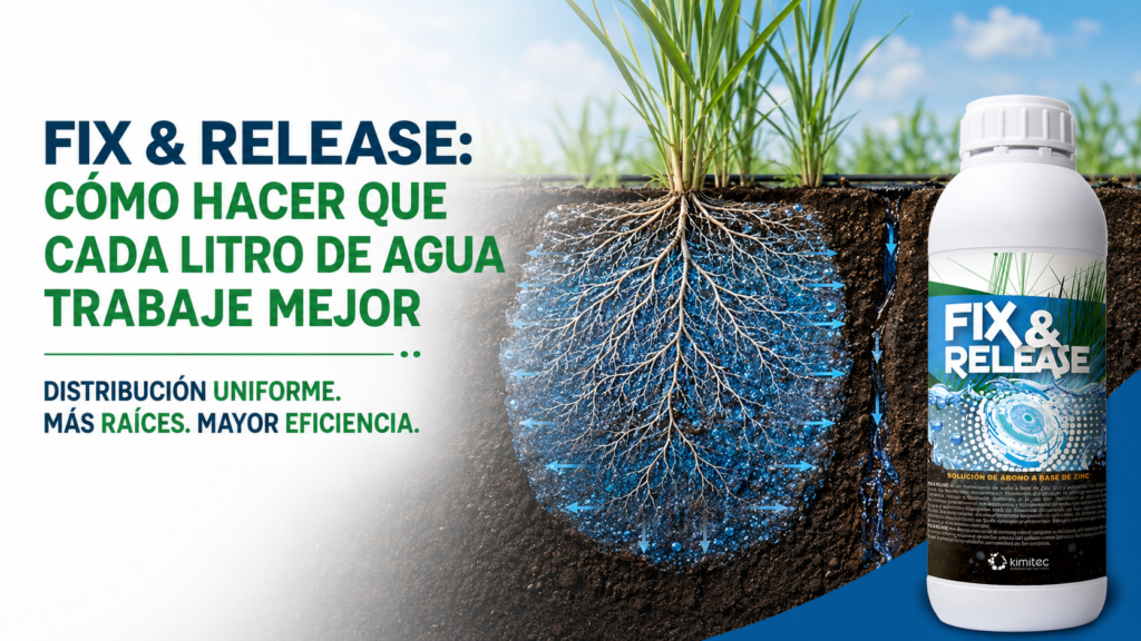 Envase de Fix & Release junto a raíces de planta en suelo